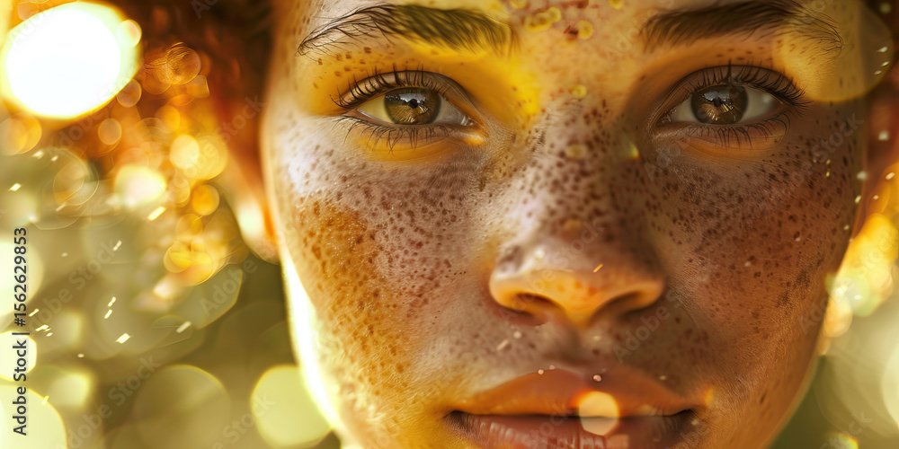 Poster close-up portrait: freckled face with golden bokeh background