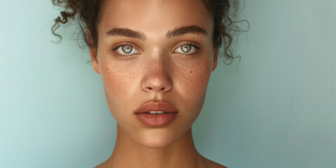 Naklejka premium Close-up Portrait of Freckled Woman with Curly Hair and Light Eyes