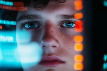 Caucasian teen male focused on computer screen with reflections
