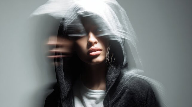 A blurred portrait of a person in a dark hoodie reflecting emotional complexity and inner conflict.