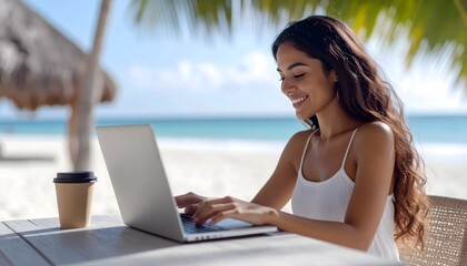 Smiling Woman Using Laptop at Sandy Beach Coastal Getaway