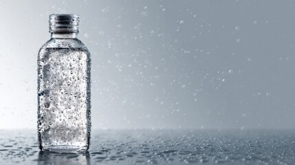 A clear water bottle with droplets, reflecting light on a smooth surface, surrounded by a mist of refreshing droplets.