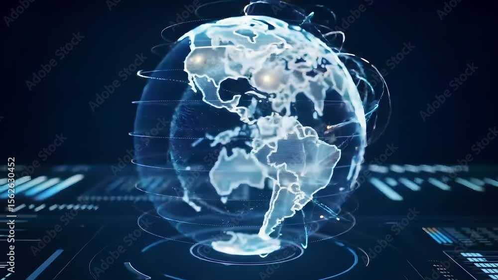 Poster digital earth globe with data streams and futuristic interface on a dark blue background