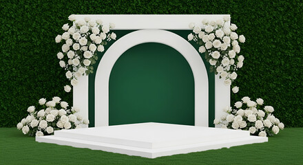 Emerald Backdrop with Geometric Stage and White Rose Arrangements