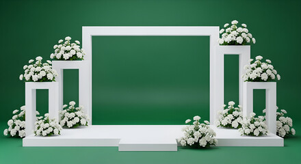 Emerald Backdrop with Geometric Stage and Gardenia Flower Clusters
