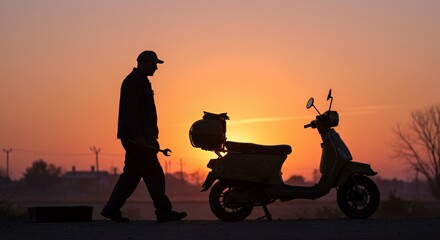 Silhouetted mechanic repairs a vintage scooter at sunset, a serene moment of quiet work against a fiery sky.