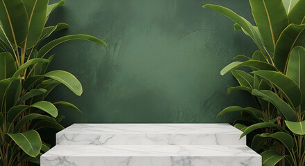 Forest Green Background with Marble Platform and Banana Plants