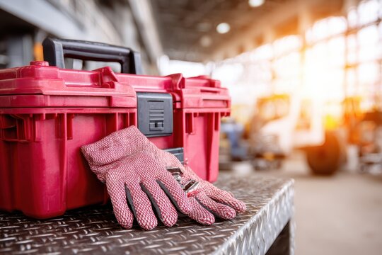 Brightly lit workshop with a red toolbox and safety gloves on a metal workbench, showcasing essential tools for construction and renovation projects
