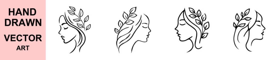 Minimalist hand drawn line art of woman side profile with leaves and floral crown in elegant modern botanical vector illustration style