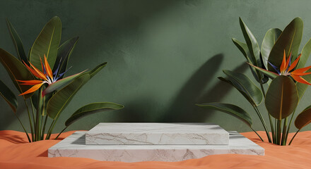 Forest Green Background with Marble Platform and Bird of Paradise Leaves