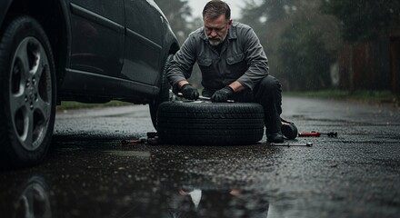 Solitary man diligently works on flat tire repair during a rainy day, showcasing determination and resilience in the face of unexpected challenges.