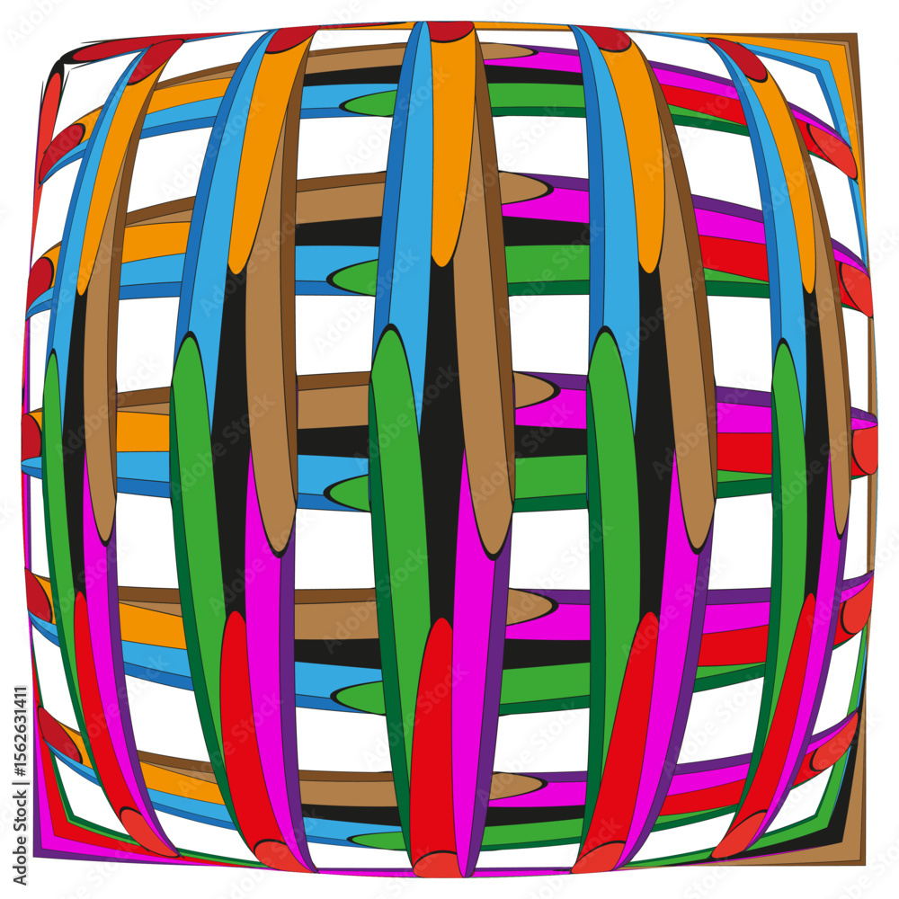 Poster multicoloured cylinder lattice. chromatic vertical banding. dynamic ribboned vector. geometric abstr