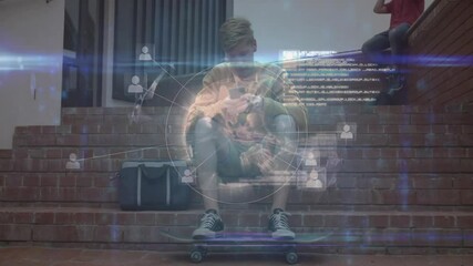 Teenage boy scrolling smartphone on skateboard at brick steps starting hologram showing tech links - Powered by Adobe