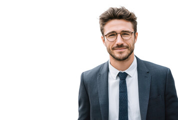 A confident young man in a business suit and glasses smiles warmly at the camera. set against a clean white background. ideal for professional profiles or corporate branding
