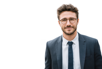 A confident young man in a business suit and glasses smiles warmly at the camera. set against a clean white background. ideal for professional profiles or corporate branding