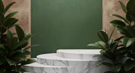 Hunter Green Wall with Marble Platform and Rubber Plant Leaves