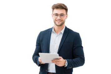 A confident businessman in formal attire stands against a clean white background. holding a tablet and smiling. suggesting professionalism and modern technology in a corporate setting