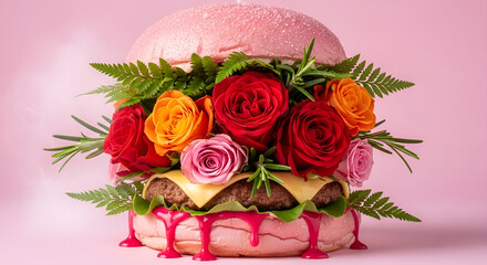 Creative Burger with Roses and Foliage