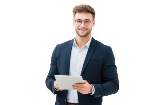 A confident businessman in formal attire stands against a clean white background. holding a tablet and smiling. suggesting professionalism and modern technology in a corporate setting