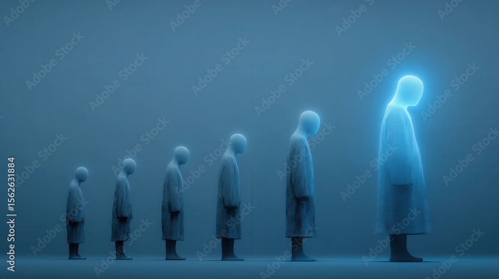 Poster ethereal figures in gradual transition with soft blue background