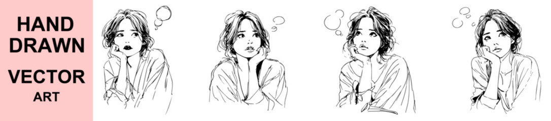 Hand drawn woman in thoughtful pose line art illustration with expressive facial emotion and speech bubble for concept, storytelling, imagination or idea generation