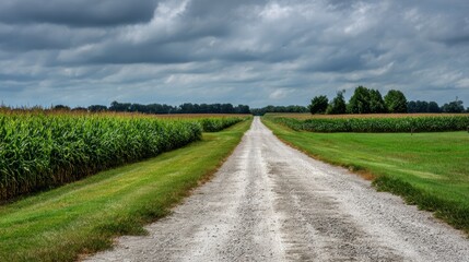 Naklejka premium A serene gravel road disappears into lush green fields under a moody sky, reflecting the beauty of rural life.