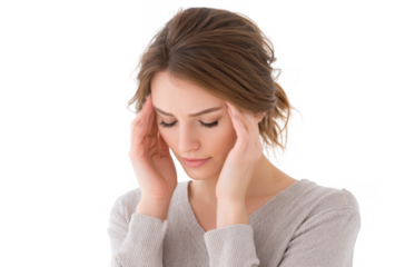 A young woman with wavy hair in a light gray sweater gently touches her forehead. appearing contemplative or stressed. set against a plain white background. conveying emotions of introspection or conc