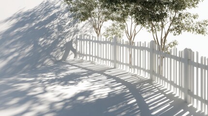 A serene outdoor scene featuring fence shadows and trees, highlighting the beauty of nature and tranquility.
