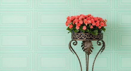 Pastel Mint Green Wall with Ornate Stand and Coral Flowers