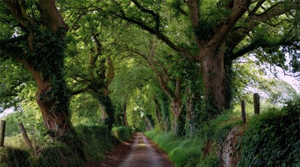 Obraz premium A serene pathway lined with lush trees, inviting nature lovers for a peaceful walk amidst greenery.