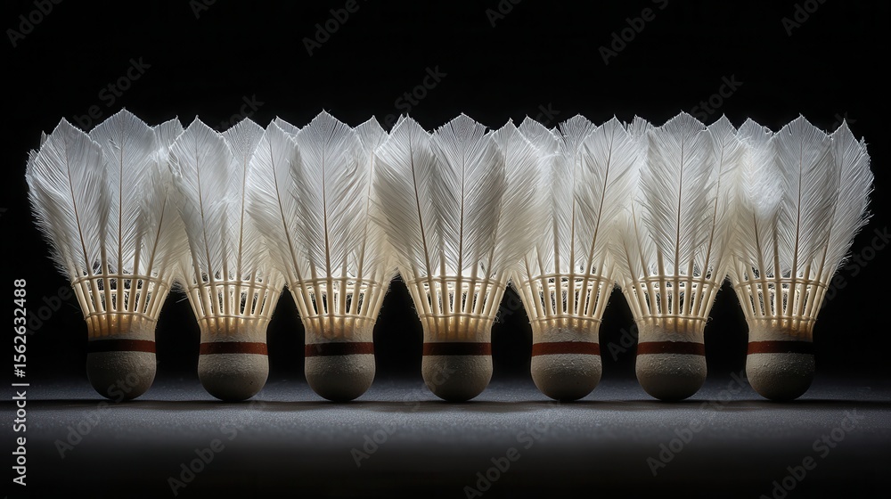 Poster elegant shuttlecocks displayed in a perfect row on dark background
