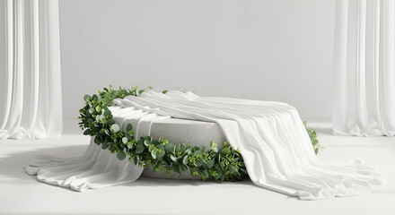 Soft White Studio with Stone Platform and Eucalyptus Garland