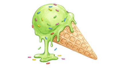 Watercolor Illustration of Green Ice Cream Cone with Colorful Sprinkles