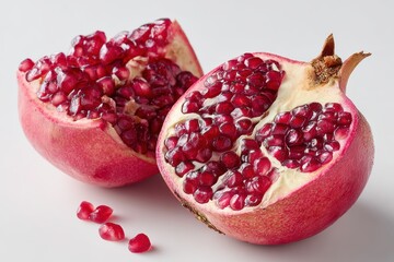 Fresh Pomegranate Halves Showcasing Juicy Red Seeds on Light Background Ideal for Healthy Food and Nutrition Concepts and Culinary Art Applications