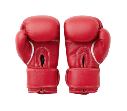 A pair of vibrant red boxing gloves positioned symmetrically on a clean white background. showcasing their sleek design and craftsmanship. ideal for sports enthusiasts and fitness promotions