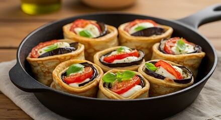 Culinary Delight: A mouthwatering arrangement of savory rolls featuring layered eggplant, tomatoes, and fresh basil arranged in a pan, perfect for culinary content or food-themed visuals.