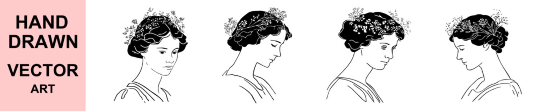 Hand drawn vintage floral woman portrait line art, elegant black outline botanical hairstyle, classical feminine side view vector illustration on white background