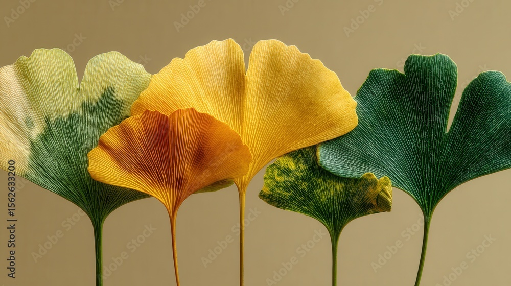 Poster colorful ginkgo leaves displaying unique shapes and textures
