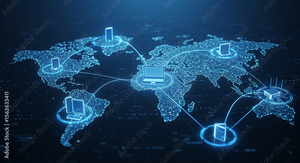 Poster global network connection showcasing interconnected data servers across the world map.