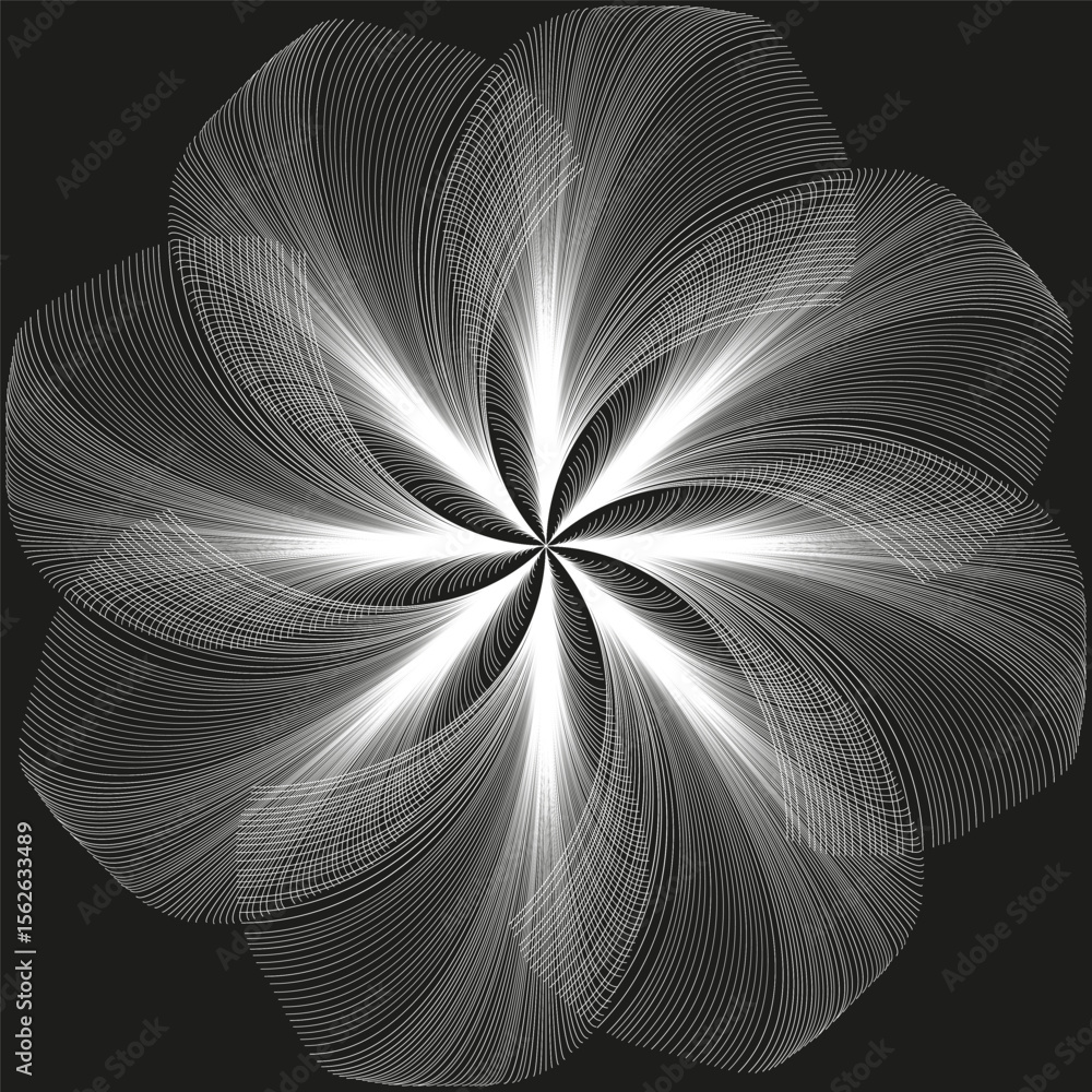 Poster grey swirl icon. subtle vortex bloom. elegant rotation vector. deep black background.