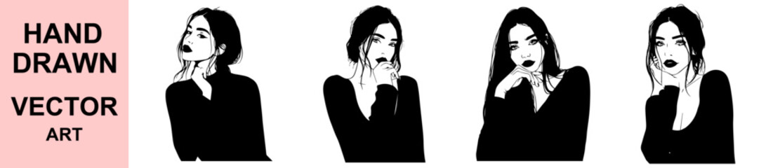 Stylish woman posing with attitude in modern fashion hand drawn vector illustration, black and white portrait for branding, beauty, and editorial design projects