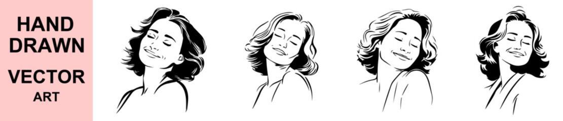 Elegant woman smiling with closed eyes in hand drawn line art style, black and white vector illustration for beauty, wellness, feminine branding and fashion design