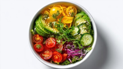 A vibrant salad bowl filled with fresh vegetables, including cherry tomatoes, cucumbers, and mixed greens.