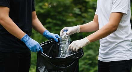 People Volunteers Cleaning Park Putting Plastic Bottle in Trash Bag