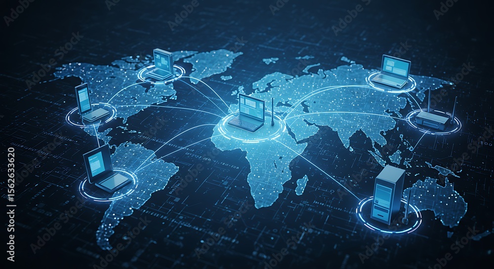 Poster global network of interconnected computers and devices, illustrating worldwide digital communication