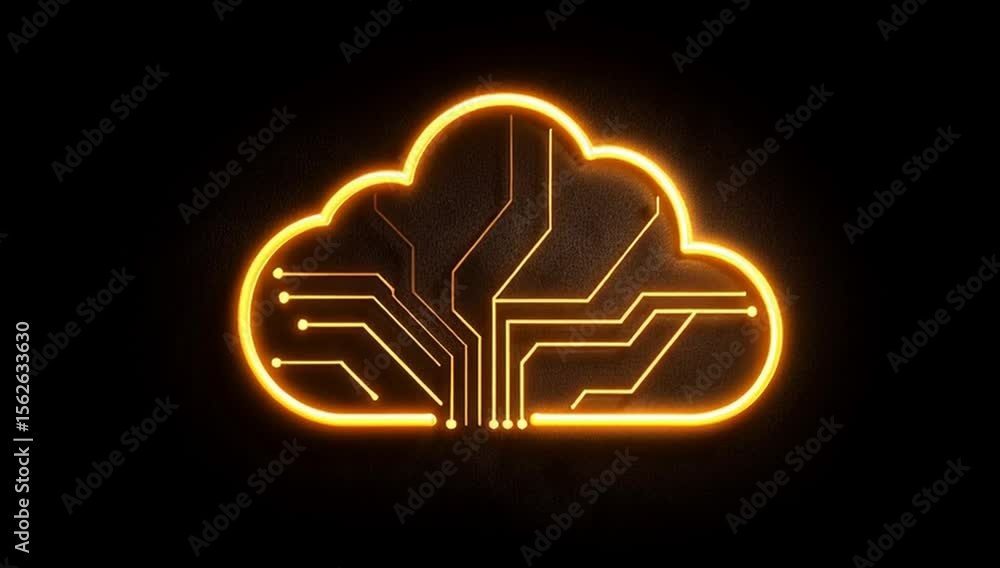 Poster a glowing neon cloud icon with circuit lines on a black background, symbolizing the technology behin