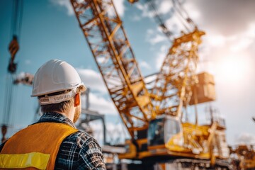Construction worker observing crane operations on a construction site during sunny day highlighting safety gear and industrial equipment in vibrant atmosphere