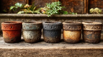 Weathered Terracotta Pots Displayed on Wooden Surface in Garden