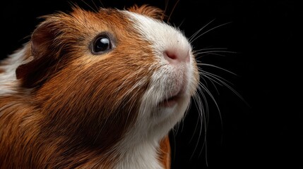 Close-up of a guinea pig's face showcasing its expressive features and vibrant fur against a dark background.