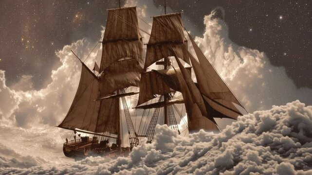 A majestic, old-world galleon sails not on water, but across a vast, turbulent sea of clouds. 